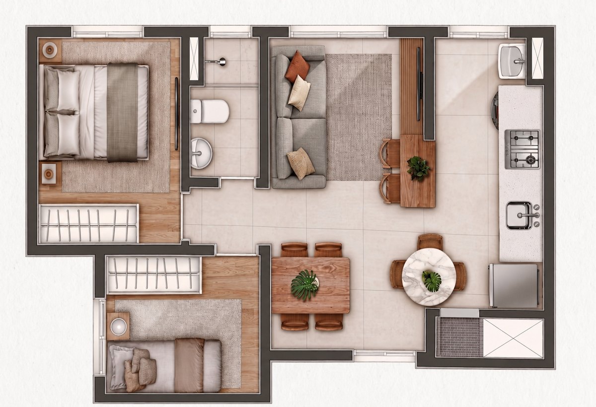 Planta humanizada do apartamento 2 dormitórios — unidade de ponta do Open Albano
